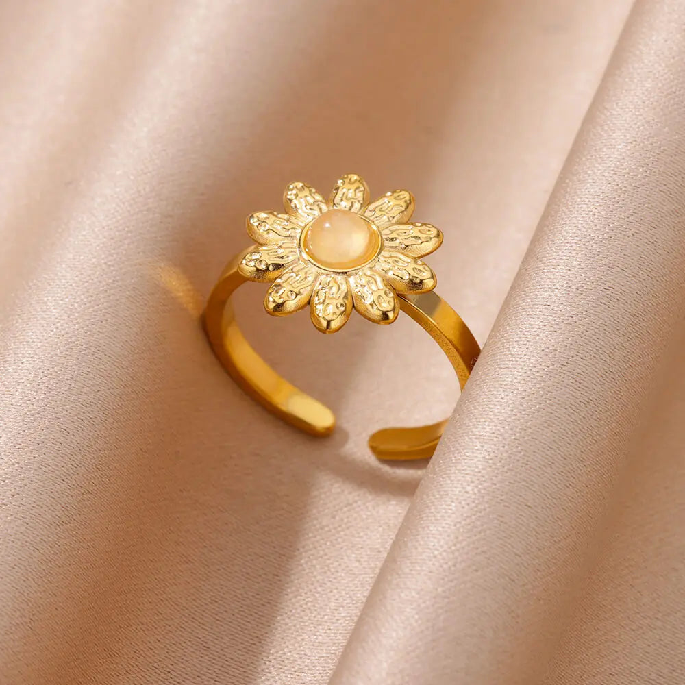 Trendy Round Stone Stainless Steel Flower Open Rings For Women Gold Color Vintage Ring Wedding Waterproof Christmas Jewelry Gift