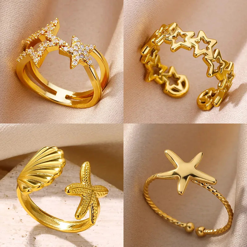 Stainless Steel Star Rings For Women Gold Color Vintage Adjustable Starfish Shell Ring Femme Wedding Party Jewelry Gift BFF