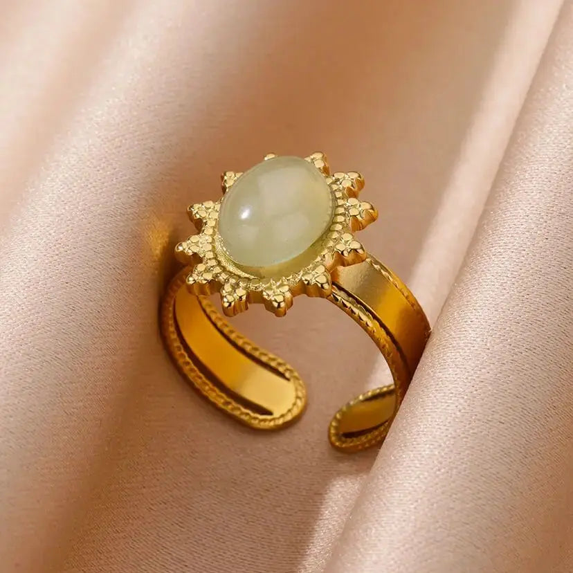 Vintage Green Oval Opal Rings for Women Stainless Steel Gold Color Open Adjustable Wedding Ring Aesthetic Waterproof Jewelry BFF