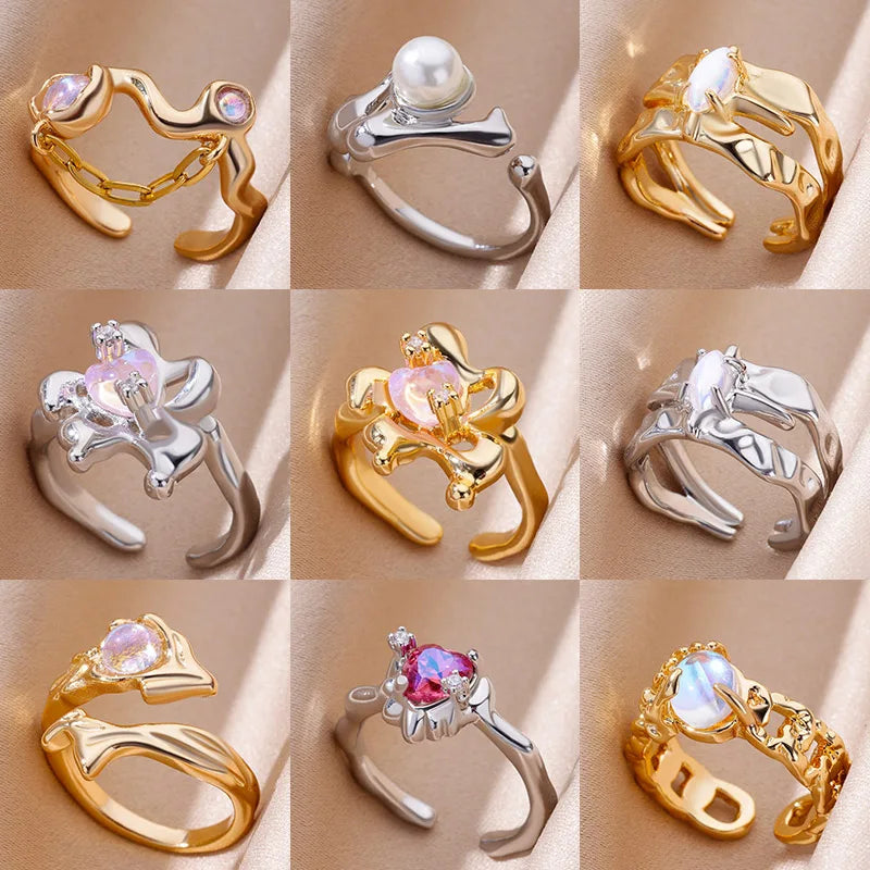 Retro Gothic Geometric Rings For Women Gold Color Stainless Steel Vintage Y2k Opening Ring Punk Party Christmas Jewelry Gift