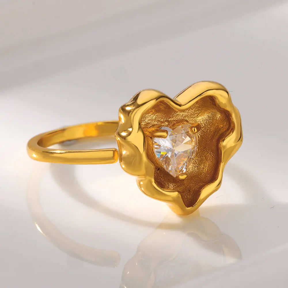 Fashion Cubic Zirconia Heart Rings For Women Open Adjustable Gold Color Heart Wedding Ring Aesthetic Vintage Jewelry Gift
