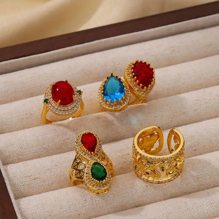 Luxury Water Drop Cubic Zircon Rings for Women Open Adjustable Gold Color Wedding Ring Vintage Aesthetic Jewelry Gift anillos