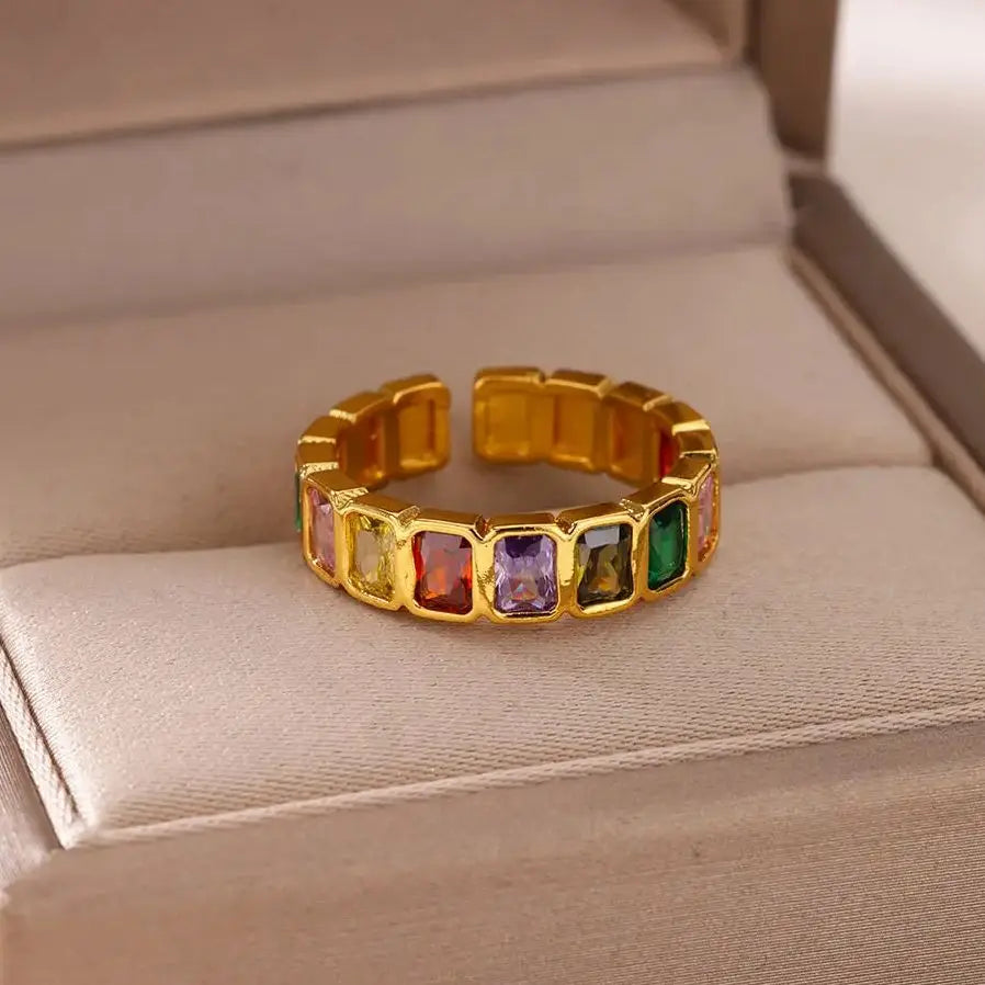 Colorful Zircon Square Rings For Women Gold Color Stainless Steel Open Ring Vintage Boho Wedding Party Jewelry Gift Accessories